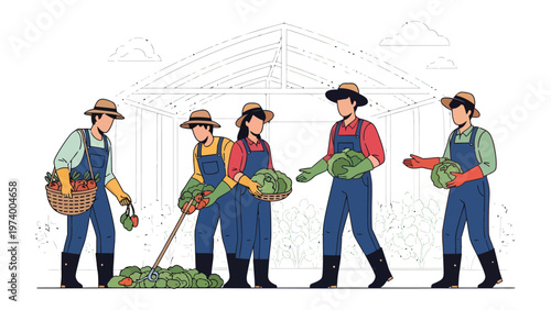 Farm Fresh: A dedicated team of farmers diligently harvests a bountiful crop of fresh produce in a vibrant illustration, representing the essence of agriculture.