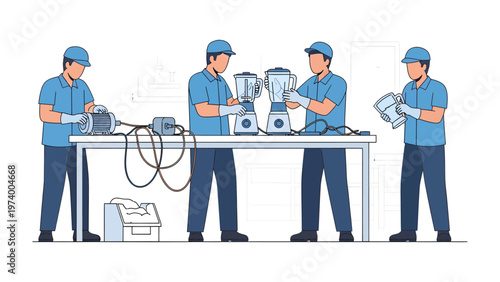 Blender Assembly in Factory: Skilled technicians assemble blenders in a factory, meticulously working on each component to ensure quality and functionality.