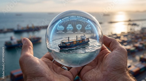 Hands holding crystal sphere with marine cargo insurance concept and container ship vessel at sea port terminal during sunny golden hour sunset lighting