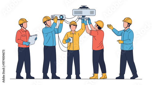 Team of Technicians Installing Projectors: A group of skilled technicians collaborates to expertly install projectors, highlighting precision and teamwork in a tech-focused environment.