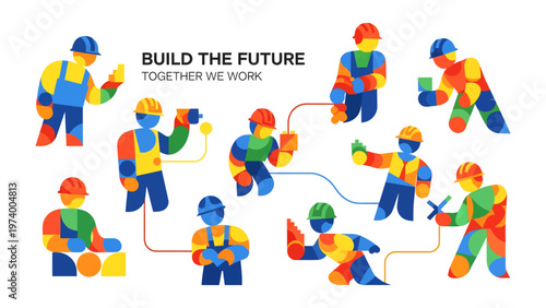 Building Tomorrow: A colorful illustration depicts construction workers working together to build the future. The design focuses on teamwork and collaboration. 