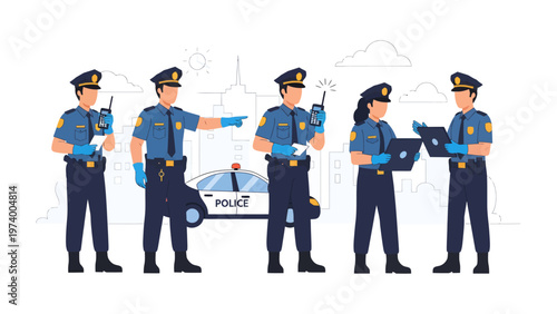 Police Officers in Action: A dynamic illustration captures police officers engaged in various duties, showcasing their commitment to service and community safety.