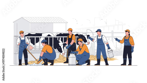 Farm Team Working Together: Depicting a scene of unity and cooperation, a dedicated farm team diligently attends to their tasks, showing their dedication to the process.
