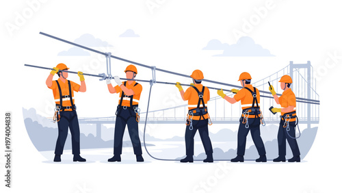 Bridge Construction: A team of construction workers is meticulously installing cables on a suspension bridge, symbolizing collaboration and the complexities of infrastructure development.