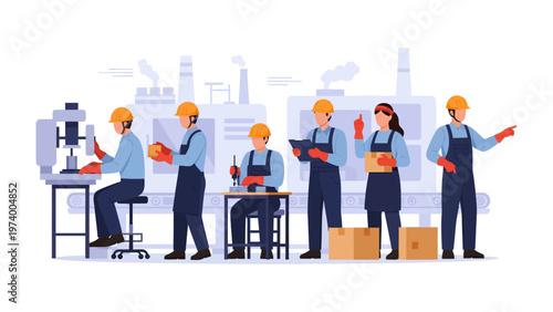 Factory Workers at Work: Illustration capturing a manufacturing production, team working collaboratively to oversee machinery operation and product inspection.