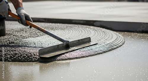 Smoothing out fresh cement with a bull float on a construction surface