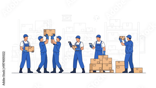 Warehouse Team at Work: A team of dedicated warehouse workers collaborate efficiently, handling boxes and pallets within the organized space of the warehouse.