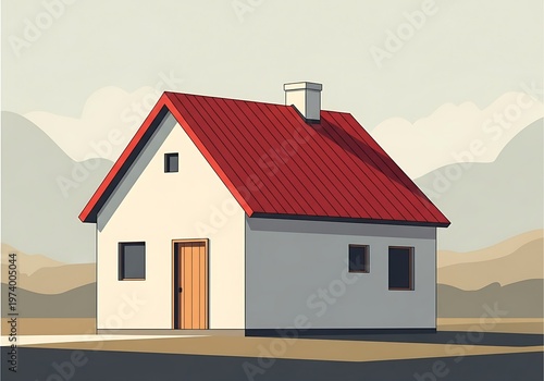 Stylized house with red roof set against a subdued mountain backdrop creating a charming isolated dwelling view