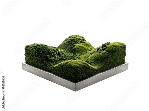 фотографія Vibrant lush green moss rolling hills 3D model on a sleek silver square base iso