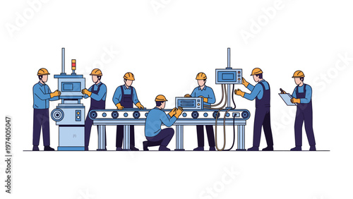 Assembly Line in Action: A team of skilled technicians meticulously working on an assembly line, showcasing precision and efficiency in a modern industrial setting. 