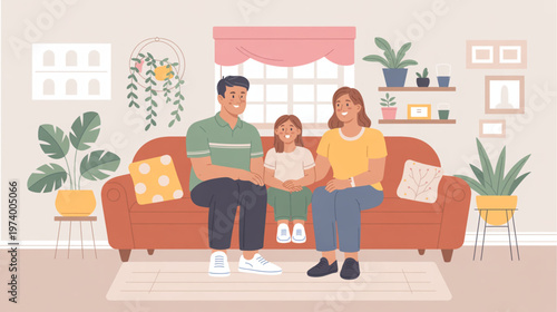 Family sitting on sofa, happy home life, living room scene, vector illustration
