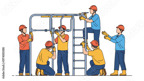 Teamwork in progress: A team of skilled technicians meticulously assembles complex machinery, illustrating the collaborative effort and precision required in modern industry.