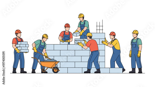 Building the Future: A team of skilled bricklayers meticulously constructs a wall, representing collaborative effort and progress.