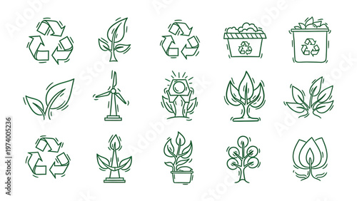 Eco-Conscious Imagery: A collection of green line art icons, representing nature's harmony, eco-friendly living, and the power of recycling to protect and preserve our precious environment.