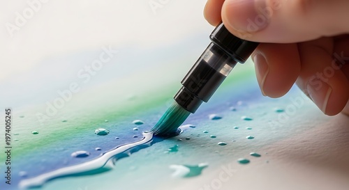 Watercolor brush pen creating vibrant gradient on textured paper close-up
