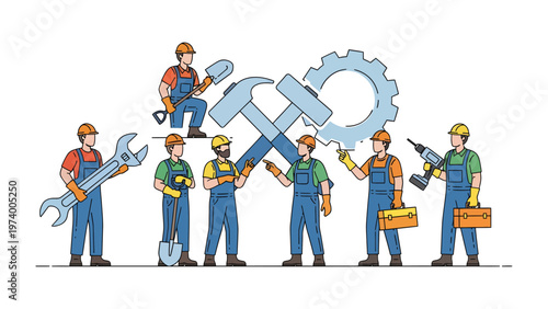 Tools and Teamwork: A group of skilled workers stand united, each holding a different tool, symbolizing their expertise and collaborative effort to build, repair, and innovate. 