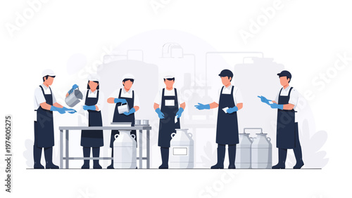 Artisans at Work: A team of skilled workers, clad in aprons and gloves, engaged in a collective endeavor, exemplifying diligence and synergy. Capturing industry focus.