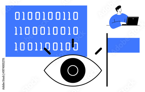 Information safety, coding, digital privacy, cybersecurity, surveillance, data analytics. Binary code, eye icon and person with a laptop. Information safety and coding