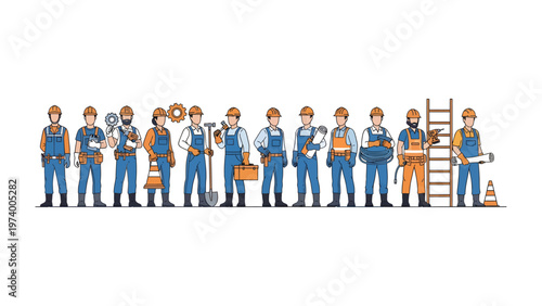 Construction Crew with a Variety of Tools: A detailed illustration showcases a diverse crew of construction workers, each individual equipped with unique tools and gear, ready to tackle a project.