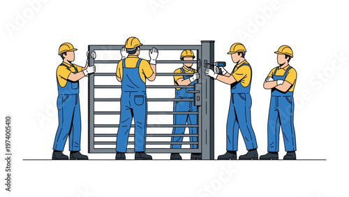 Construction Crew: A group of construction workers in uniform collaborate on a gate project, each member focused on their specific task.