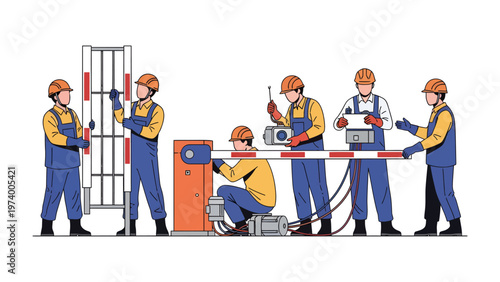 Construction Crew in Action: A dedicated construction crew meticulously installs a barrier, demonstrating teamwork and precision in their labor.