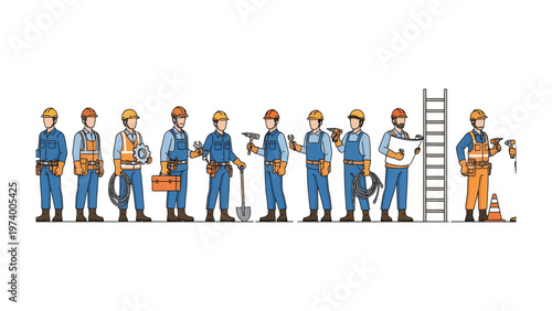 Builders and Constructors: A collective of construction workers stand proudly, each holding various tools and equipment, ready to build and create. This image symbolizes industry, collaboration.