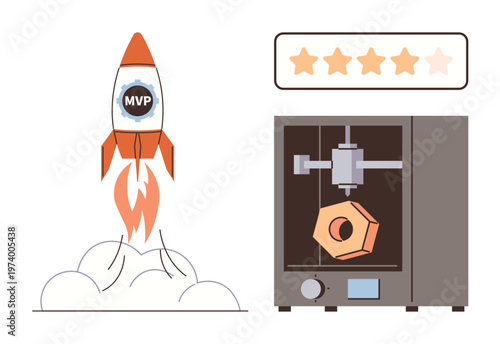 Startup growth, innovation, prototyping, engineering, product development, customer satisfaction. Rocket launch, 3D printer creating an object five-star rating. Startup growth and innovation concept