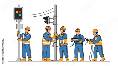 Constructing the Path: A dedicated team of workers in safety attire diligently assemble a traffic light, showcasing their commitment to enhancing road safety.
