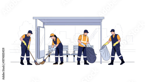 Community Clean-Up Crew: A dedicated team of sanitation workers diligently maintain cleanliness at a bus station, promoting a tidy and inviting public space.