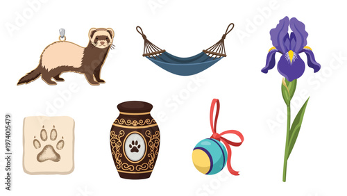 Pet care, memorial, and relaxation vector set: Ferret, urn, toy, paw print, hammock, iris flower illustrations.