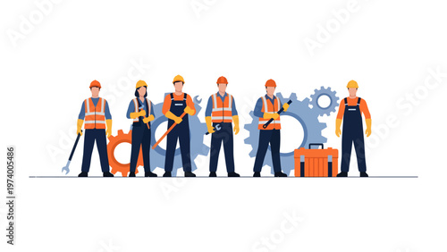 Construction Team: A united team of construction workers, each equipped with essential tools, stands ready to tackle a new project, symbolizing collaboration and precision in the realm of industry.