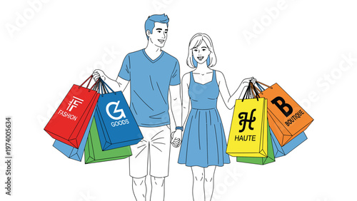 Happy Couple Shopping with Bags. Man and Woman Enjoying Retail Therapy. Consumerism and Lifestyle Illustration.