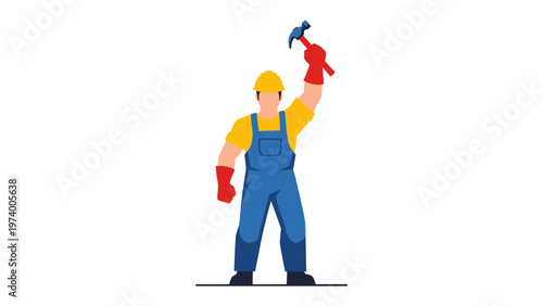 Construction worker: A diligent construction worker stands in position, raising a hammer in hand, showcasing the embodiment of construction and building with dedication.