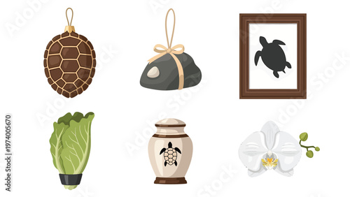 Set of Decorative and Natural Elements: Turtle Ornaments, Cabbage, Orchid, and Urn