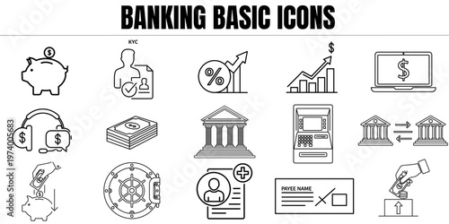 Banking Basic Icons Transparent Set, Line Icon Collection, Bank, ATM, Vault, Savings, KYC, Transfer, Cheque, Investment, Finance Symbol, Editable Stroke, Flat Vector, Business Finance PNG
