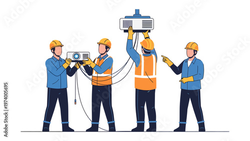 Projecting teamwork: A group of technicians is working collaboratively to install a projector, showcasing their expertise and dedication to achieving their task. 