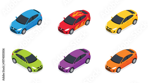 Isometric Hatchback Car Set. Colorful Compact Vehicles with Flame Graphic. Modern Flat Vector Design.