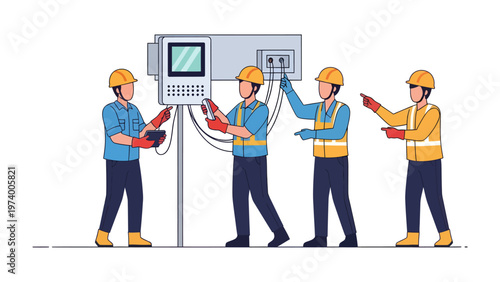 Electricians at Work: A team of skilled electricians collaborating on a complex electrical installation. The scene radiates expertise and precision.
