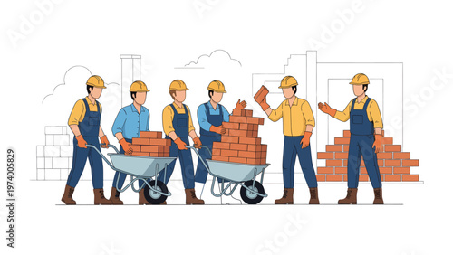Building Teamwork: A group of construction workers, united in purpose, collaborate on a building project, demonstrating the power of teamwork and the construction process.