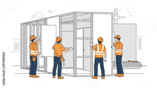 Construction Team Assembling Structure: A skilled construction team works together to assemble the structural frame of a building, illustrating teamwork, precision, and the progress of construction.