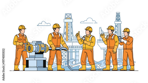 Industrial Synergy: Oil industry workers collaboratively working together at a drilling site, focused on their tasks, a testament to efficiency and expertise.