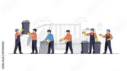 The Clean-Up Crew: A dedicated team of sanitation workers diligently collects waste, loading it into a waste collection truck, embodying the essence of environmental responsibility and cleanliness. 