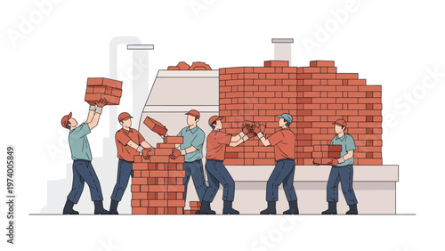 Constructing Foundations: A determined team of builders meticulously lay bricks, brick by brick, crafting a sturdy wall, showcasing the essence of construction, teamwork, and progress.