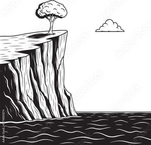 Dramatic landscape illustration showing tall cliff edge overlooking ocean waves with single tree at top under cloudy sky for travel posters