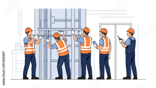 Lift Installation: Skilled workers install a new lift in a building, collaborating to ensure safety and precision. The image captures the careful execution of a complex task.