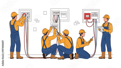Electrical Work in Progress: Illustrating skilled technicians diligently working on intricate electrical wiring and panels.