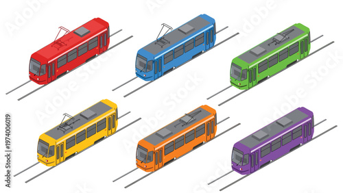 Colorful Isometric Trams Set on Tracks - Public Transport Vehicles Collection