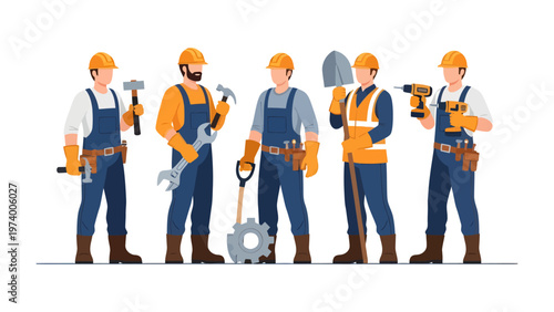 Construction Team: A team of construction workers is illustrated, each holding different tools essential for their work, ready to build and create.