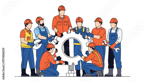 Collaboration and Precision: A group of skilled workers, united in their pursuit, meticulously assembling a complex gear, symbolizing the core principles of teamwork, precision.