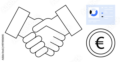 Business concept. Business through handshake, financial data charts, and euro currency symbol. Business highlighting partnerships, finance, and trade. For banking, startups corporate strategy